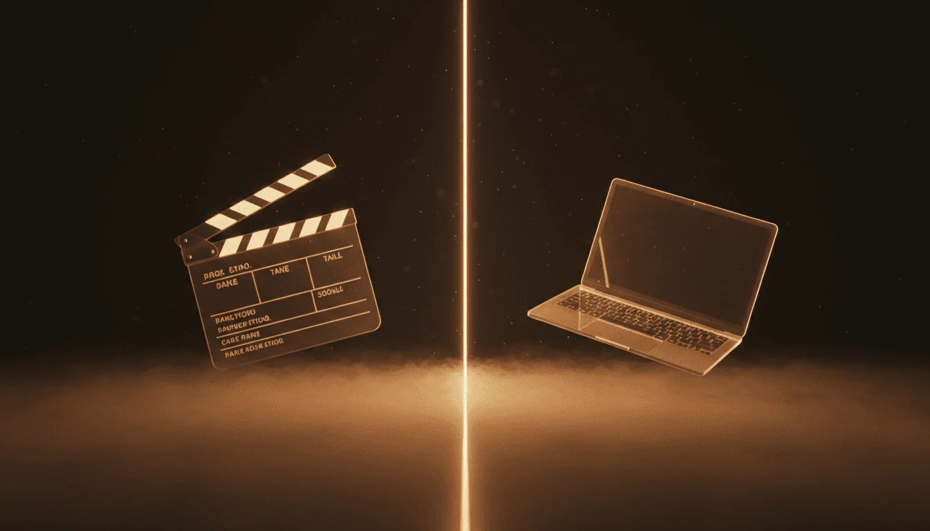 Film clapperboard and laptop, same craft