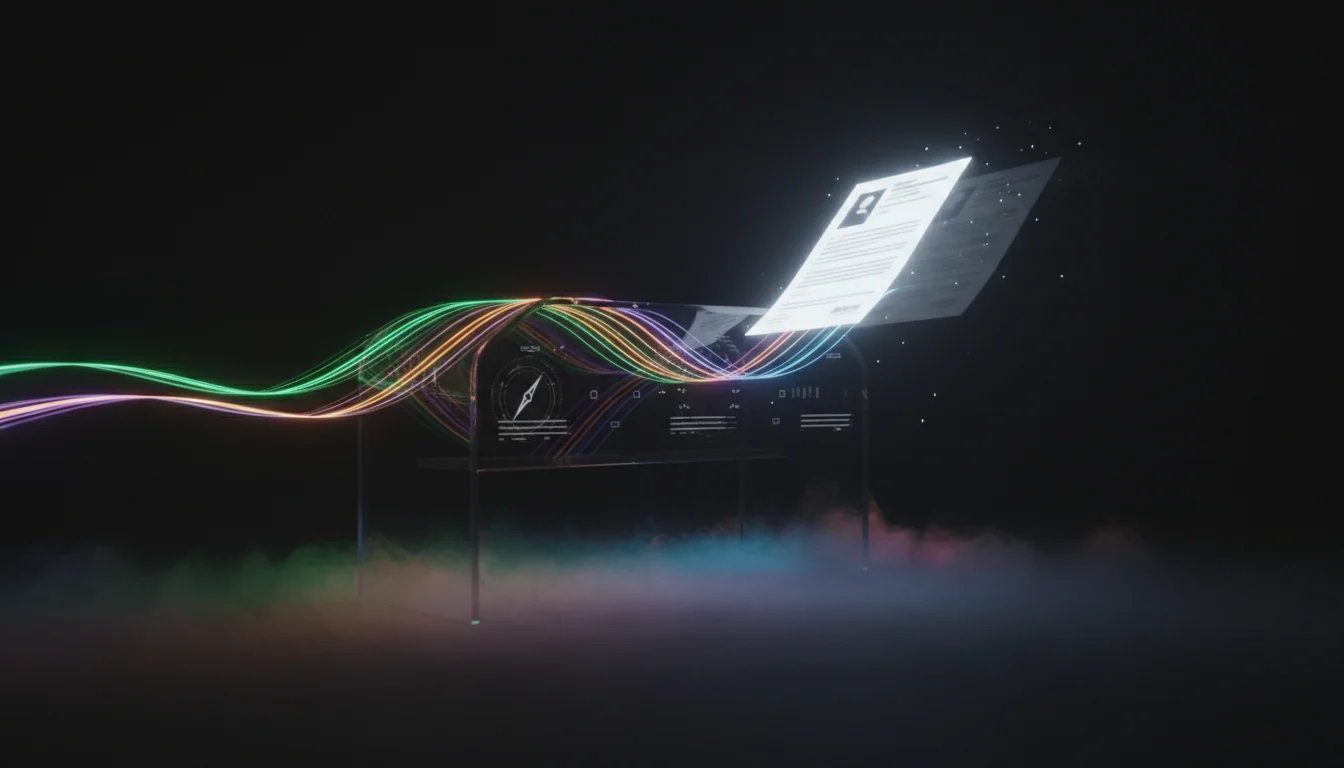 A glass autopilot console with four colored data streams converging into a single resume taking flight