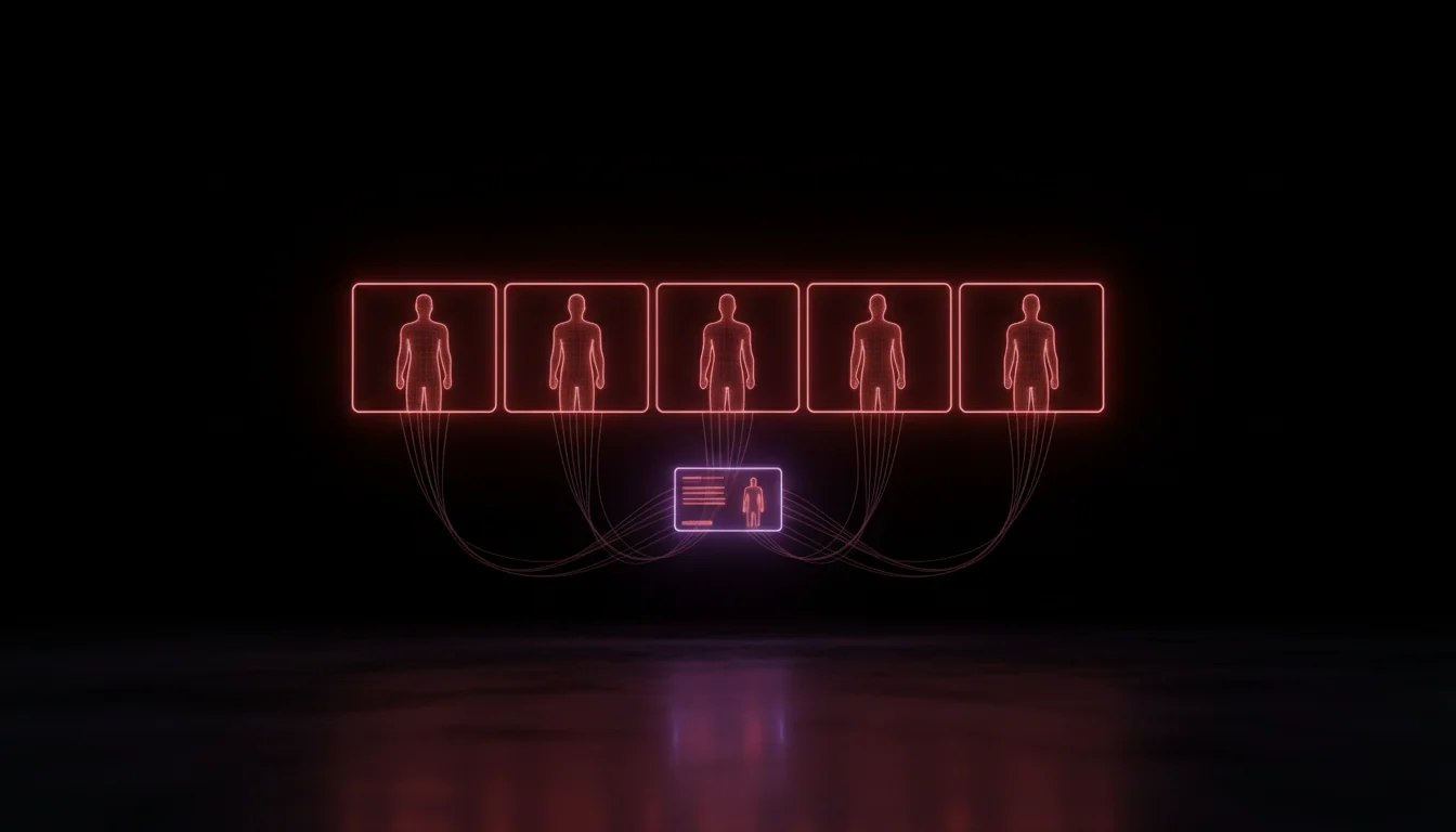 Five identical storyboard frames of one character, every one of them drawn from a single locked reference card
